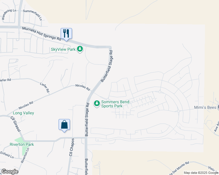 map of restaurants, bars, coffee shops, grocery stores, and more near 39225 Aristida Street in Temecula