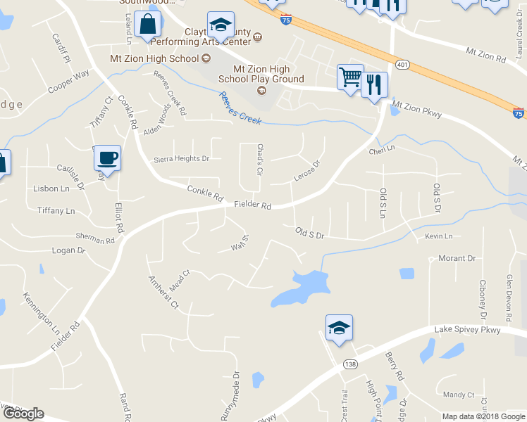 map of restaurants, bars, coffee shops, grocery stores, and more near 7550 Fielder Road in Jonesboro