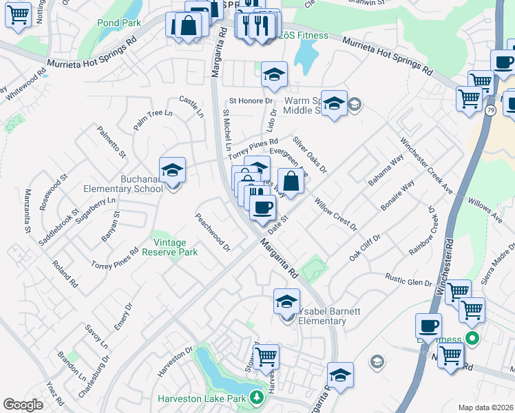 map of restaurants, bars, coffee shops, grocery stores, and more near Date Street in Murrieta