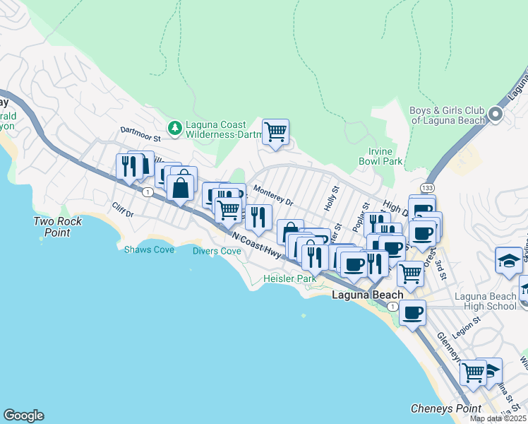 map of restaurants, bars, coffee shops, grocery stores, and more near 346 Myrtle Street in Laguna Beach