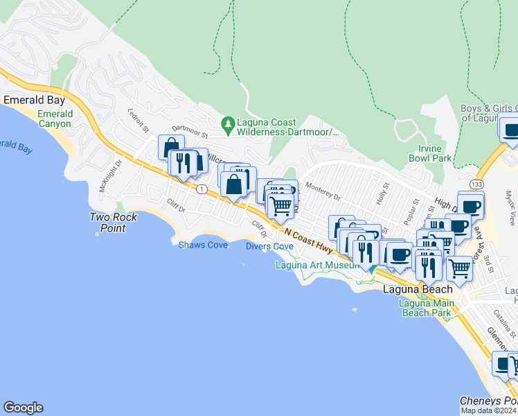 map of restaurants, bars, coffee shops, grocery stores, and more near 206 Grandview Street in Laguna Beach