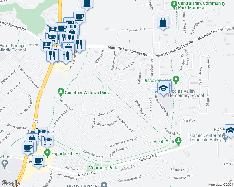 map of restaurants, bars, coffee shops, grocery stores, and more near 39511 Bainbridge Circle in Murrieta