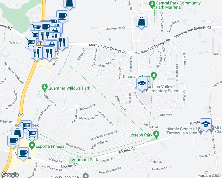 map of restaurants, bars, coffee shops, grocery stores, and more near 39537 Millstream Road in Murrieta