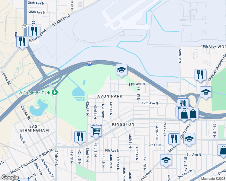 map of restaurants, bars, coffee shops, grocery stores, and more near 1328 45th Street North in Birmingham