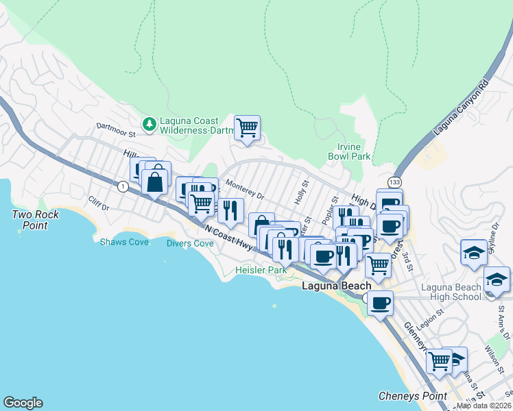map of restaurants, bars, coffee shops, grocery stores, and more near 372 Locust Street in Laguna Beach