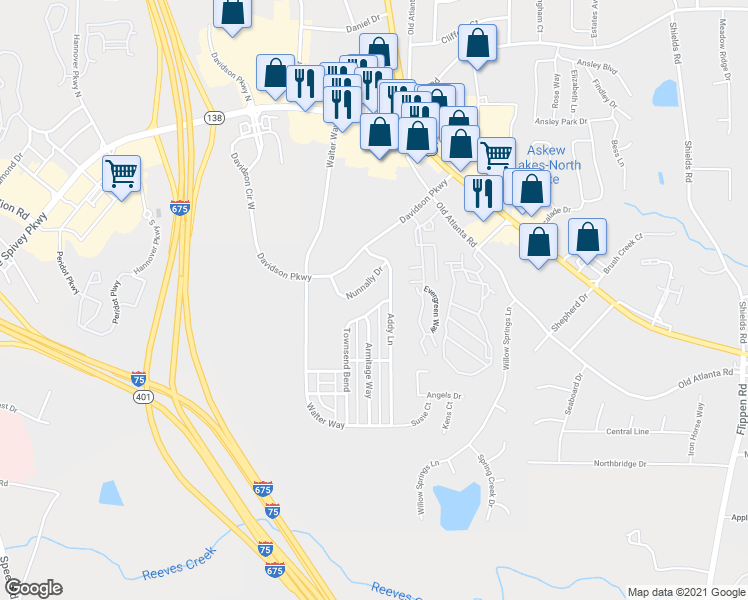 map of restaurants, bars, coffee shops, grocery stores, and more near 325 Nunnally Drive in Stockbridge