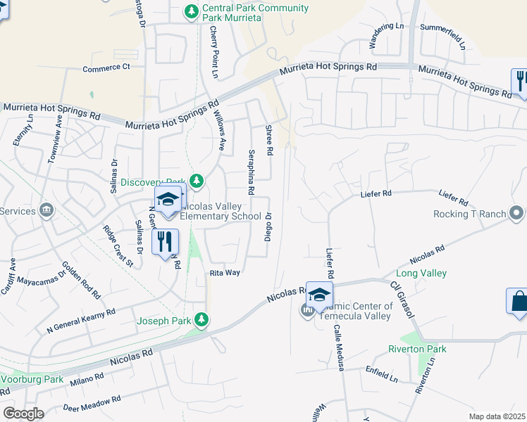 map of restaurants, bars, coffee shops, grocery stores, and more near 39493 Diego Drive in Temecula