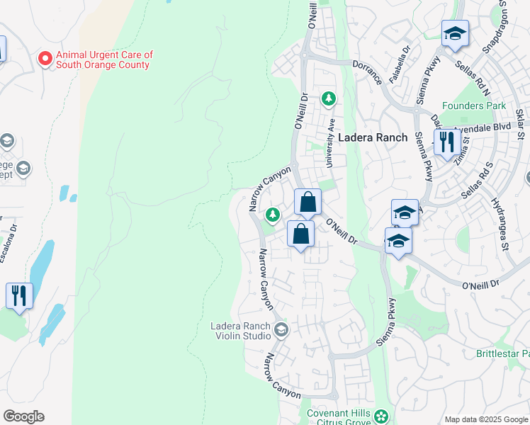 map of restaurants, bars, coffee shops, grocery stores, and more near 16 Palladium Lane in Mission Viejo