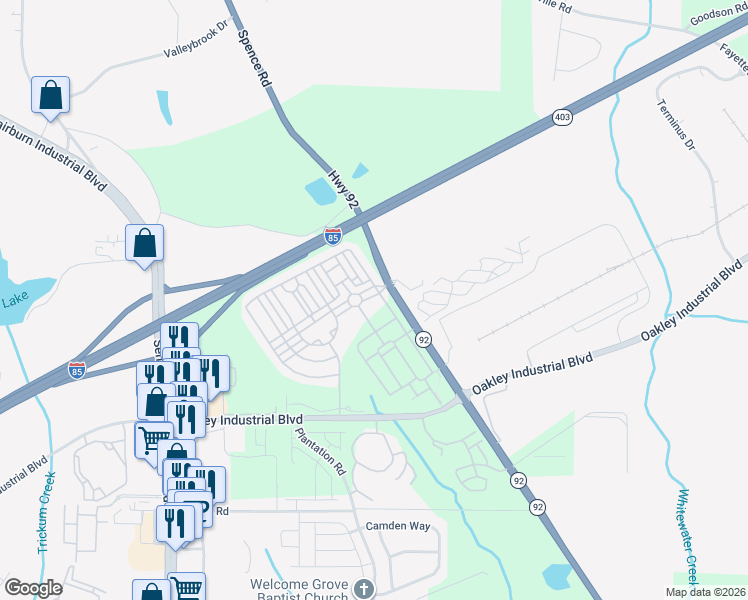 map of restaurants, bars, coffee shops, grocery stores, and more near 5408 Festival Avenue in Fairburn