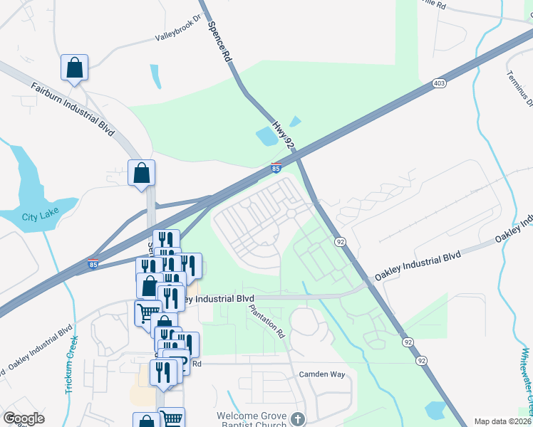 map of restaurants, bars, coffee shops, grocery stores, and more near 7569 Rutgers Circle in Fairburn