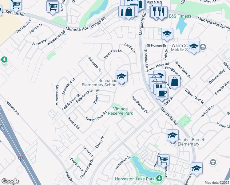 map of restaurants, bars, coffee shops, grocery stores, and more near Torrey Pines Rd & Sugarberry Ln in Murrieta