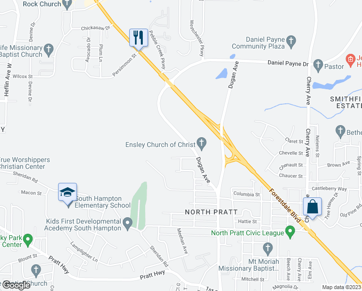 map of restaurants, bars, coffee shops, grocery stores, and more near 1000 Dugan Avenue in Birmingham