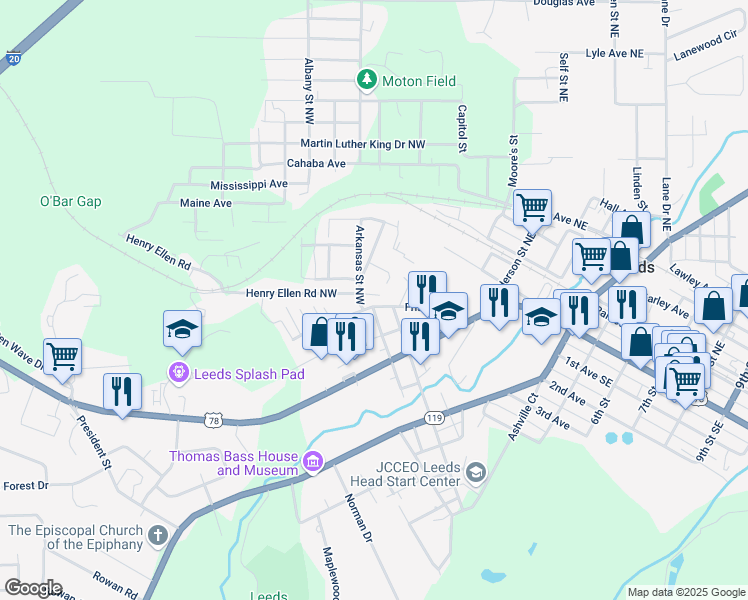 map of restaurants, bars, coffee shops, grocery stores, and more near 1911 Arkansas Street Northwest in Leeds