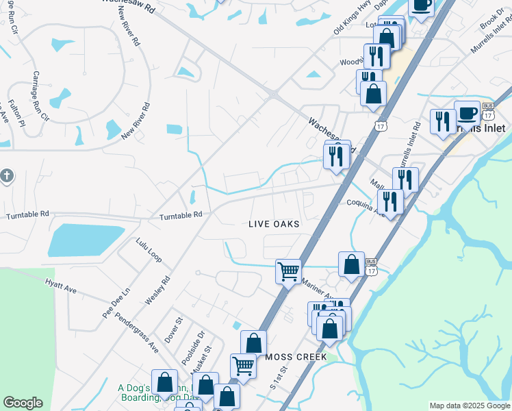 map of restaurants, bars, coffee shops, grocery stores, and more near 4653 Wesley Road in Murrells Inlet