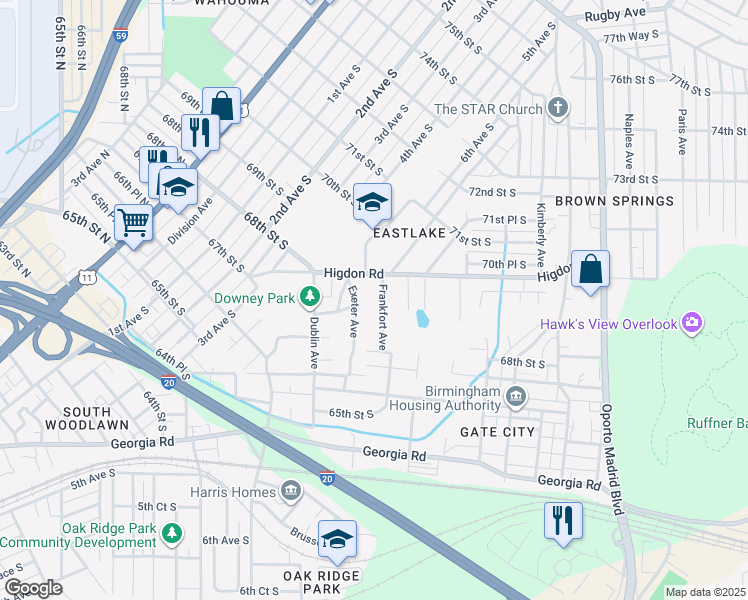 map of restaurants, bars, coffee shops, grocery stores, and more near 6911 Higdon Road in Birmingham