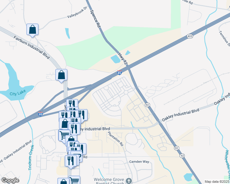 map of restaurants, bars, coffee shops, grocery stores, and more near 7565 Rutgers Circle in Fairburn