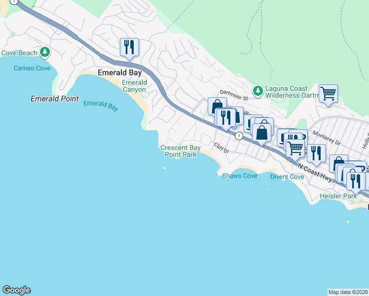 map of restaurants, bars, coffee shops, grocery stores, and more near 245 Crescent Bay Drive in Laguna Beach