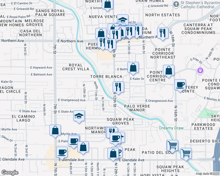 map of restaurants, bars, coffee shops, grocery stores, and more near 7550 North 12th Street in Phoenix