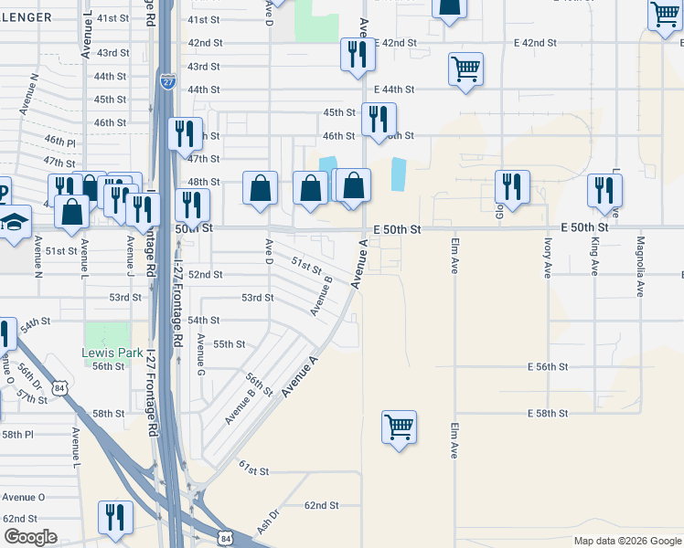 map of restaurants, bars, coffee shops, grocery stores, and more near 5010 Avenue A S Dr in Lubbock