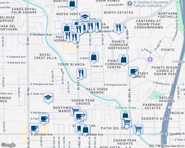 map of restaurants, bars, coffee shops, grocery stores, and more near 1245 East Kaler Drive in Phoenix