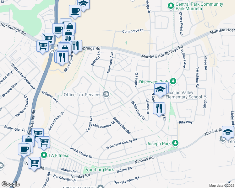map of restaurants, bars, coffee shops, grocery stores, and more near 39490 Bainbridge Circle in Murrieta