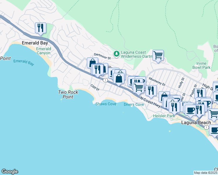map of restaurants, bars, coffee shops, grocery stores, and more near 1027 North Coast Highway in Laguna Beach
