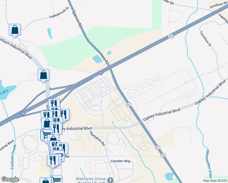 map of restaurants, bars, coffee shops, grocery stores, and more near 5405 Festival Avenue in Fairburn