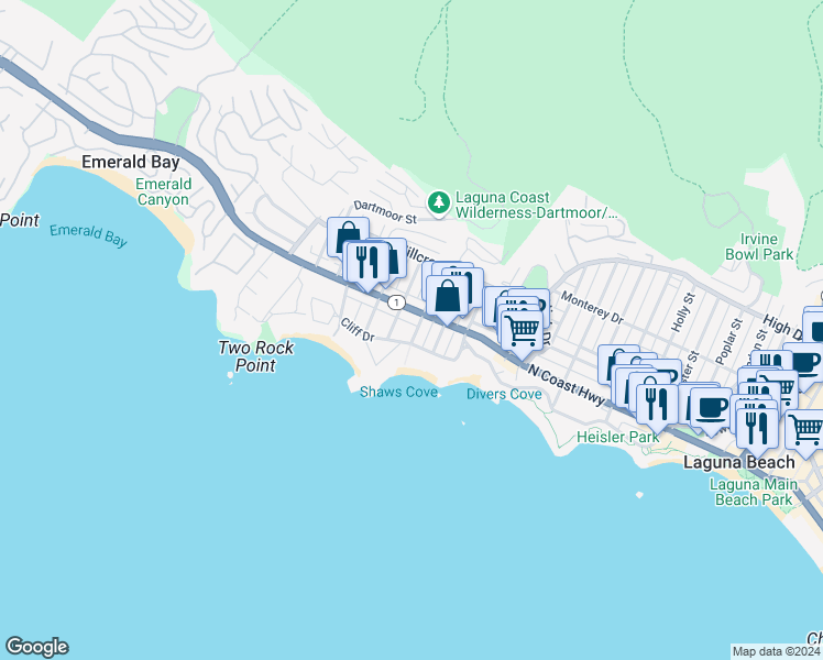 map of restaurants, bars, coffee shops, grocery stores, and more near 166 Fairview Street in Laguna Beach