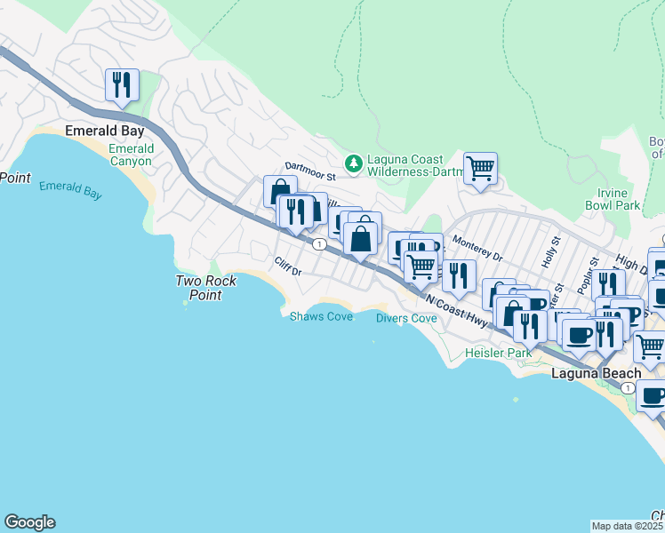 map of restaurants, bars, coffee shops, grocery stores, and more near 168 Fairview Street in Laguna Beach