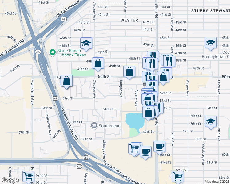 map of restaurants, bars, coffee shops, grocery stores, and more near 5420 53rd Street in Lubbock