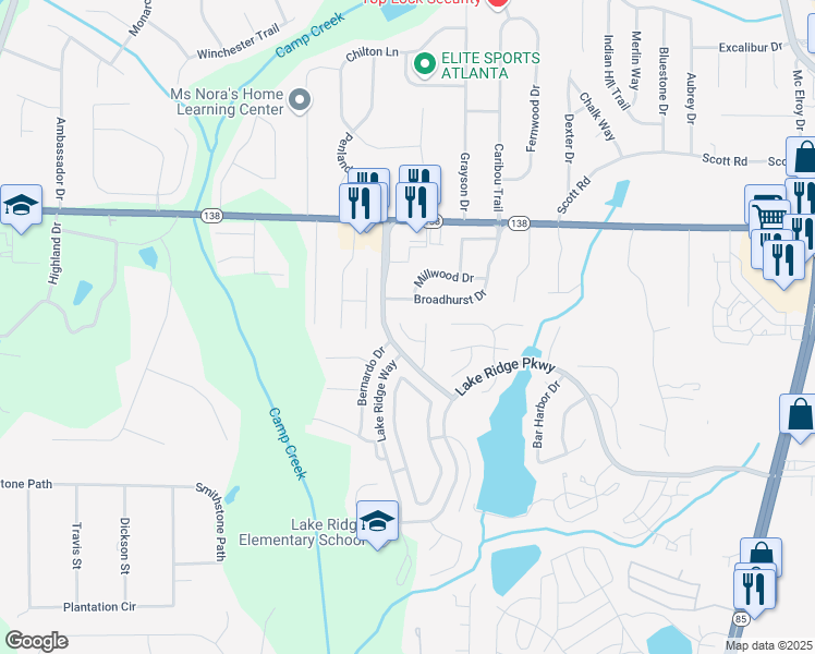 map of restaurants, bars, coffee shops, grocery stores, and more near 1261 West Briar Ridge Court in Riverdale