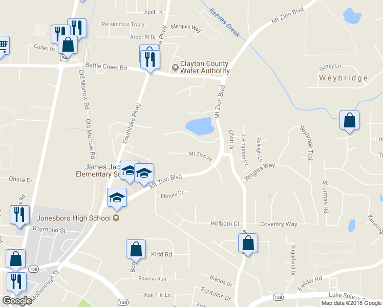 map of restaurants, bars, coffee shops, grocery stores, and more near 1663 Mount Zion Place in Jonesboro