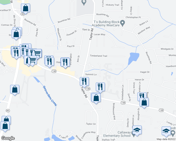 map of restaurants, bars, coffee shops, grocery stores, and more near 7640 Taylor Road in Riverdale