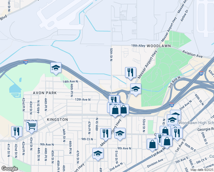 map of restaurants, bars, coffee shops, grocery stores, and more near 1400 50th Street North in Birmingham
