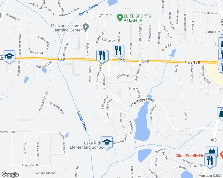 map of restaurants, bars, coffee shops, grocery stores, and more near 1270 West Briar Ridge Court in Riverdale