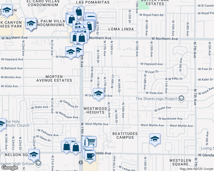 map of restaurants, bars, coffee shops, grocery stores, and more near 7544 North 17th Avenue in Phoenix