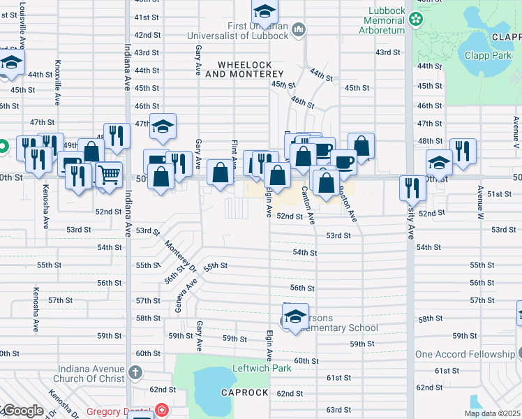 map of restaurants, bars, coffee shops, grocery stores, and more near 3005 50th Street in Lubbock