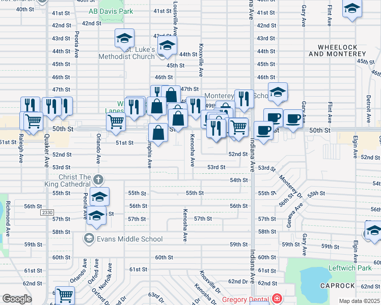 map of restaurants, bars, coffee shops, grocery stores, and more near 5020 Kenosha Avenue in Lubbock