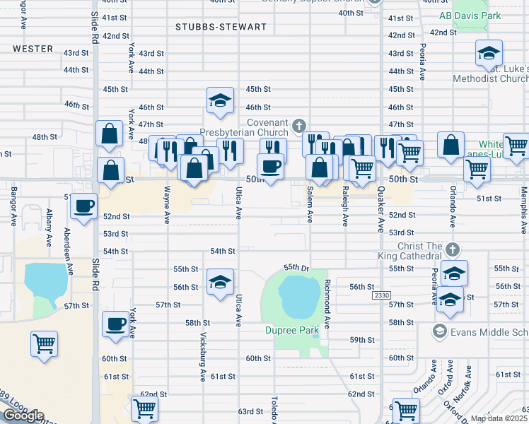 map of restaurants, bars, coffee shops, grocery stores, and more near 4624 52nd Street in Lubbock