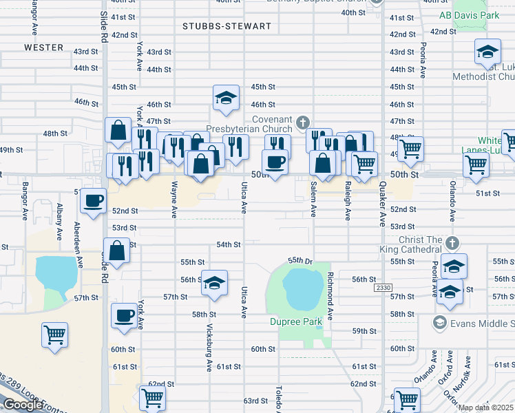 map of restaurants, bars, coffee shops, grocery stores, and more near 4645 50th Street in Lubbock
