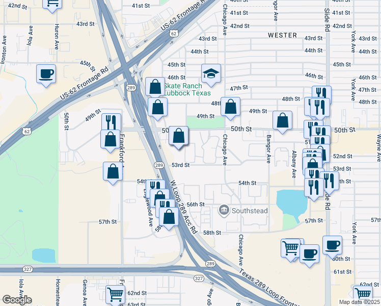 map of restaurants, bars, coffee shops, grocery stores, and more near 5550 53rd St in Lubbock