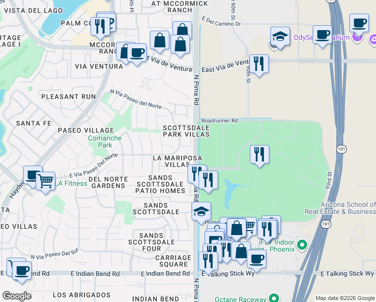 map of restaurants, bars, coffee shops, grocery stores, and more near 8738 East Vía De La Luna in Scottsdale