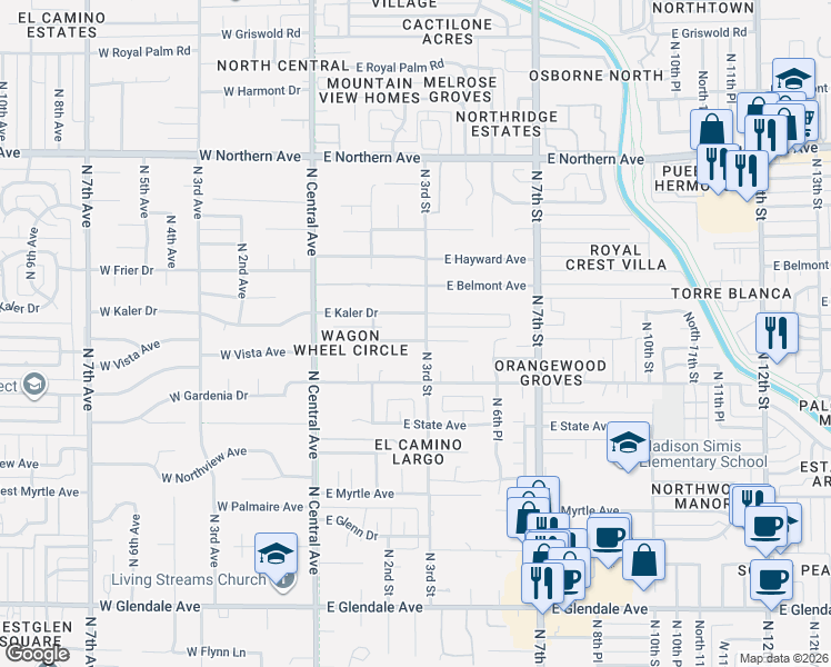map of restaurants, bars, coffee shops, grocery stores, and more near 141 East Kaler Drive in Phoenix