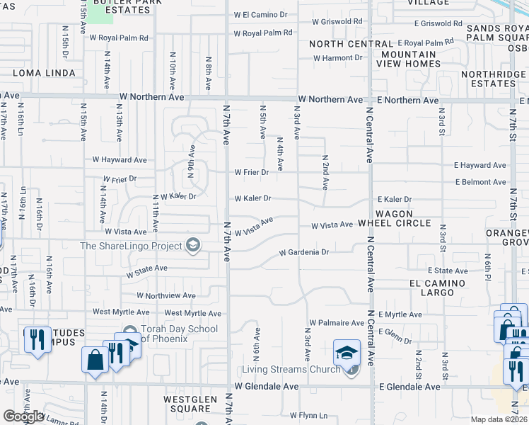 map of restaurants, bars, coffee shops, grocery stores, and more near 343 West Kaler Drive in Phoenix