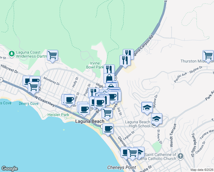 map of restaurants, bars, coffee shops, grocery stores, and more near 501 Olive Street in Laguna Beach