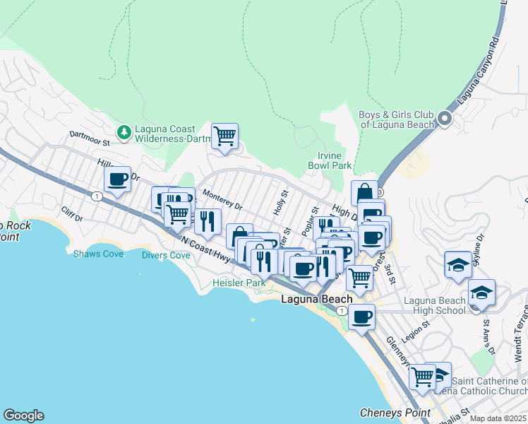 map of restaurants, bars, coffee shops, grocery stores, and more near 416 Jasmine Street in Laguna Beach