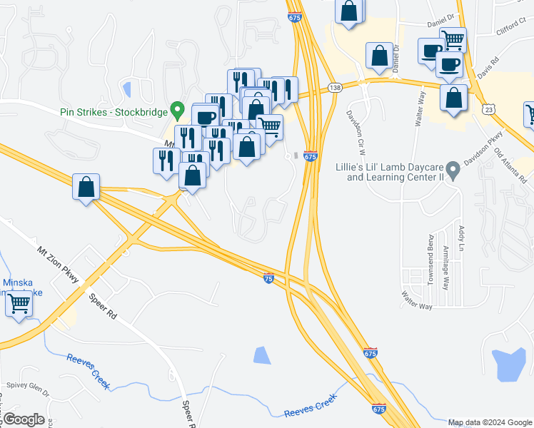 map of restaurants, bars, coffee shops, grocery stores, and more near 1000 Peridot Parkway in Stockbridge