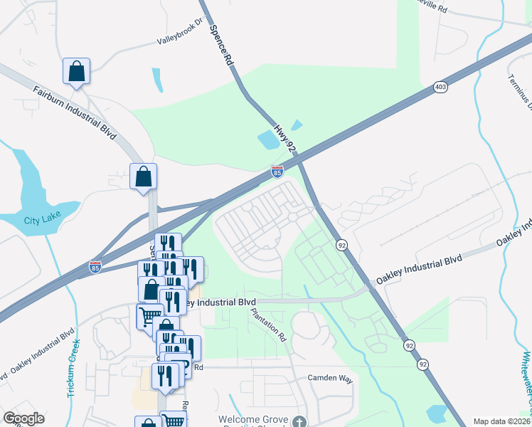 map of restaurants, bars, coffee shops, grocery stores, and more near 318 Avalon Square in Fairburn