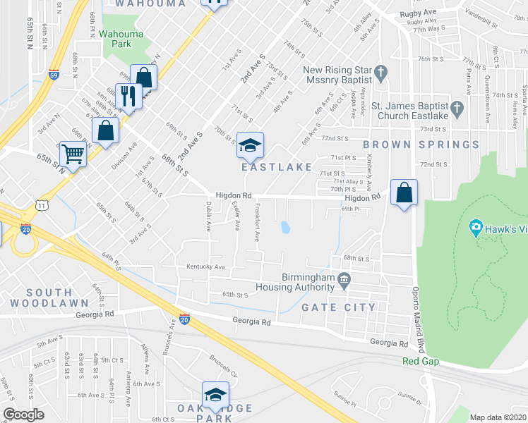 map of restaurants, bars, coffee shops, grocery stores, and more near 6911 Higdon Road in Birmingham