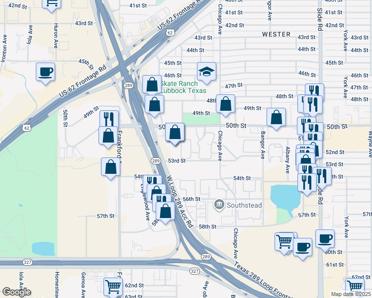 map of restaurants, bars, coffee shops, grocery stores, and more near 5550 53rd St in Lubbock